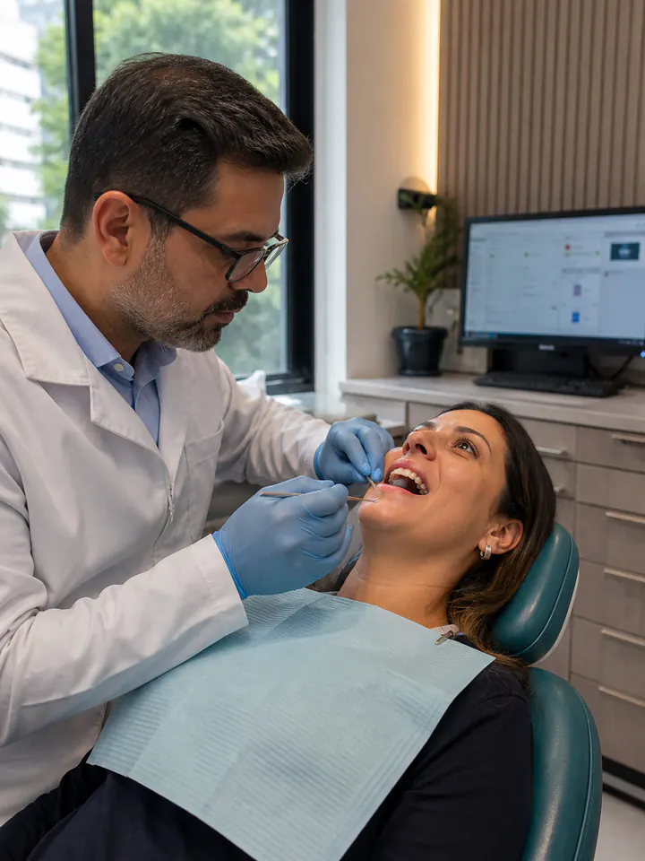 Dentista atendendo paciente em consultório odontológico